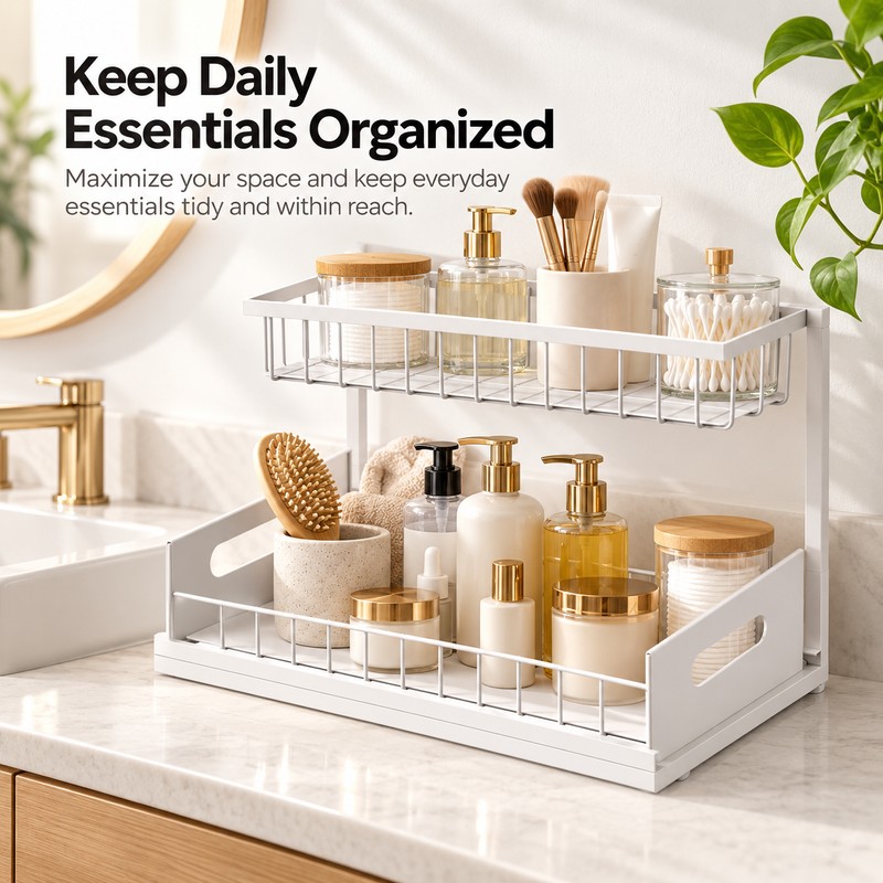 2-Tier Under Sink Organizer for Cabinet Storage – Metal Pull-Out