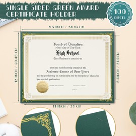 Kosiz 100 Pcs Single Sided Certificate Holders with Gold Foil Border for 8.5 x 11 Inch Certificates Cardstock Document Papers Graduation Diploma Covers Marriage Supplies, Linen Textured(Green)