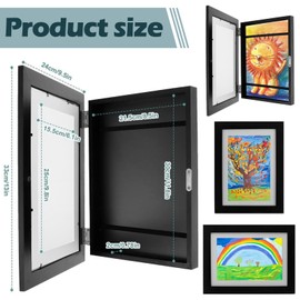 2Pack Kids Art Frame, A4 Picture Frame for 100-150 Pictures, Wooden Frames Front Opening, Wall-mounted Standing Children Art Frame with Hooks, Drawing Display Storage, 24X33cm (Black)