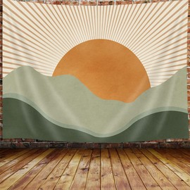 JAWO Boho Sage Green Tapestry, Abstract Mountain Golden Sun Nature Tapestry Wall Hanging for Bedroom, Modern Minimalist Landscape Tapestries Poster Blanket College Dorm Home Decor 80X60Inches