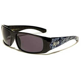 Locs Paisley Bandana Print Square Retro Wrap Around Sunglasses (Glossy Black & Blue Bandana Frame, Black Lenses)
