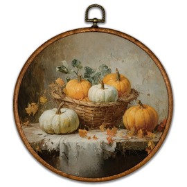 BCUANGD Vintage Fall Round Wall Art Decor - Retro Autumn Moody Pumpkin Wall Art Canvas Frame Artwork Prints, Rustic Cottagecore Nature Round Wall Hanging Decorations for Home Bedroom, 10"x10"