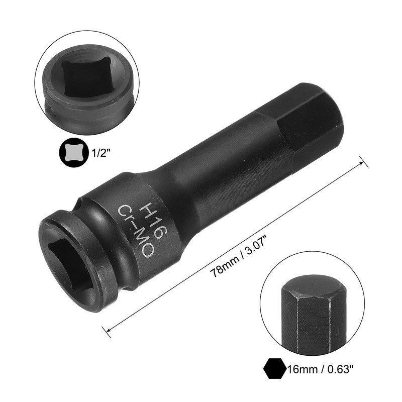 sourcing map 16mm Hex Impact Bit Socket H16 1/2" CR-MO