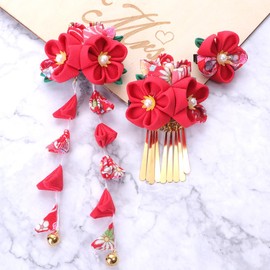 3Pcs Kimono Hair Accessories Japanese Kimono Flower Hair Clips Tassel Hair Hairpins Japanese Style Kimono Hair Barrettes Hair Accessories for Women (Red)