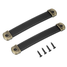 PATIKIL 5.6" Leather Drawer Pulls with Iron Sheet, 2 Pcs Leather Strap Trunk Handle Cabinet Knobs Hardware Replacement with 18mm Screws for Dresser Door Suitcase Luggage, Black