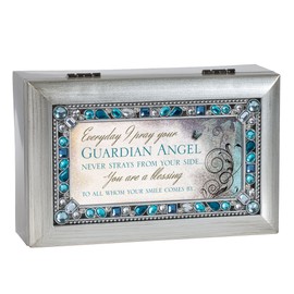 Cottage Garden Pray Your Guardian Angel Never Strays Brushed Silvertone Jewelry Music Box Plays Amazing Grace