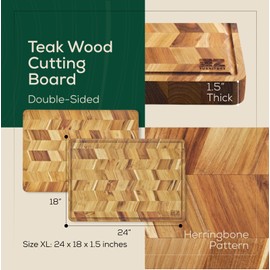 EZ FURNITURE 24 x 18 Inch Herringbone Teak Cutting Board, Wooden Cutting Boards for Kitchen, Wood Cutting Boards for Kitchen with Juice Groove and Handles, Large Cutting Board for Meat, Vegetables