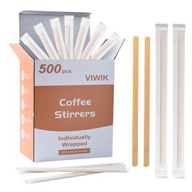 VIWIK 500 Pack Coffee Stirrers 5.5 Inch Coffee Bar Accessories - Individually Wrapped Wood Bamboo Coffee Stir Sticks, Disposable Bamboo Stir Sticks