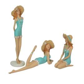Fancy That Charming Retro Redhead Bathing Beauty Figurine Set of 3 – 14-Inch Standing, 7.75-Inch Sitting, and 6-Inch Lying Down – Vintage Coastal Decor Accents