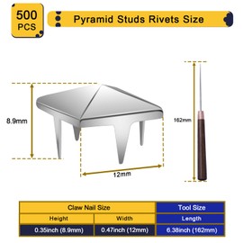 500Pcs 12mm Square Pyramid Studs for Clothing, Metal Claw Nailhead Spike Rivets Studs with Tool for Punk Rock Clothing Leather Shoes Bag DIY Craft Accessories (Silver)