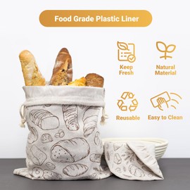 Verigud Large Reusable Linen Bread Bag and 10'' Bowl Cover with Plastic Liners for Bread Storage & Sourdough Proofing
