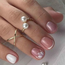 Enppode Short Press on Nails French Tip Nails Square Fake Nails White Nails Glossy Full Cover Nails for Women 24 PCS/Set