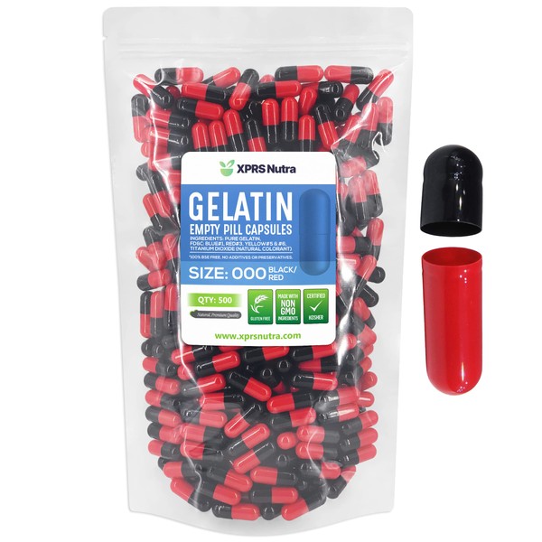 Cápsulas de gelatina vacía Capsules Express- tamaño 000 en negro y rojo - Kosher - Cápsula de gelatina pura - Relleno de polvo DIY (500)