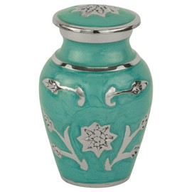 Silverlight Urns Grace Turquoise Keepsake Urn, Brass, Mini Size, Funeral Urn for Ashes, Flower Motif, 2.75 Inches Tall