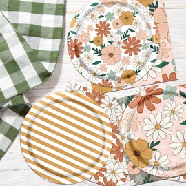 Gumwaqu Vintage Floral Paper Plates and Napkins Supplies,Daisy Floral Party Supplies Wildflower Plates Disposable Spring Flower Dinnerware for Vintage Floral Party Bridal Shower Decorations