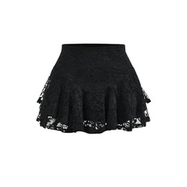 Verdusa Women's Plus Size Floral Lace Mini Skirts High Waist Pleated Ruffled Swing A Line Skirt Black 1XL