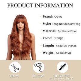 CGVG Orange Wig with Fringe Long Curly Wig Women's Synthetic Heat Resistant Wig for Cosplay Fancy Dress Date Party Wig
