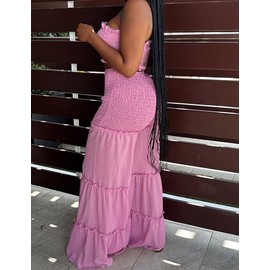 Yuopeid Women 2 Piece Outfits 2024 Summer Tube Crop Top and Wide Leg Pant Sets Pink L