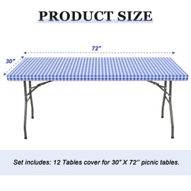 Oudain 12 Pcs Picnic Table Cover Elastic Fitted Flannel Backed Plastic Vinyl Tablecloth Covers with Flannel Backing Waterproof Outdoor Table Cloths Rectangle (Checked Blue White)(Checked Blue White)