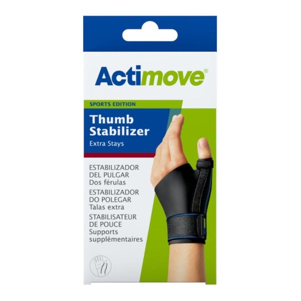 Actimove Sports Edition Thumb Stabilizer with Extra Stays – Sleeve for Pain Management of Strains, Sprains, Inflammation, Thumb Pain & Skier's Thumb – Left/Right Wear - Black, Large/X-Large
