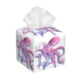 Sea Creature Leather Tissue Box Holder Pink and Purple Octopus Tissue Box Cover Facial Paper Case Organizer Cube Napkin Dispenser for Bathroom Vanity Countertop Night Stand Office Car