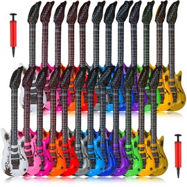 Chitidr 24 Pcs Inflatable Guitars for Parties Bulk Blow Rock Star Guitar Set Rock and Roll Party Decorations Photo Booth Props for Birthday 80s 90s Themed Party Carnival, 12 Colors