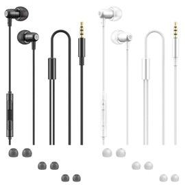 SourceTon 2 Pack Lightweight In-Ear Headphones with Remote and Mic Enhanced Bass Sound with Mini Body Fits All 3.5mm Interface Devices Black and White