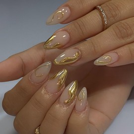 Medium Almond Press on Nails French Tip Fake Nails Nude False Nails with 3D Gold Plating Designs Glossy Full Cover Glue on Nails Stick on Nails Acrylic Nails for Women Girls 24 Pcs (Gold-11, M-11)
