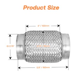 SVULK Exhaust Flex Pipe, 2.75" Double Braid Stainless Steel Flexible Pipe, Heavy Duty Exhaust Flexible Tube Overall Length 5.9"/150mm, 2PCS