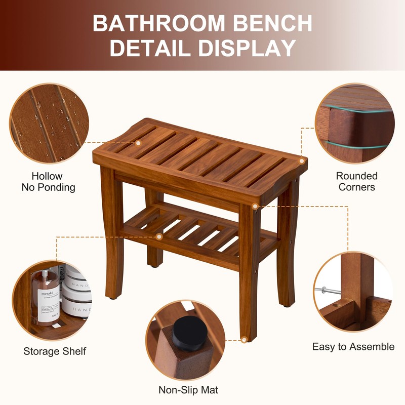 Teak Shower Bench Stool with Storage Shelf, Waterproof Shower Chair