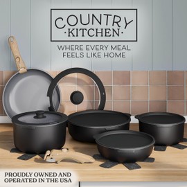 Country Kitchen Cookware Set with Removable Handle, Oven & RV Safe Pots and Pans Set, Black/Grey Wood Handle, Original