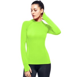 Women's Long Sleeve Running Shirts with Thumb Hole Mock Neck Athletic Tops(Neon Green,S)