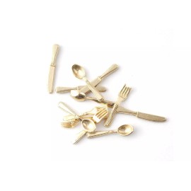 Streets Ahead Gold-tone Dollhouse Miniature Cutlery, 1:12 Scale Forks, Knives, Spoons