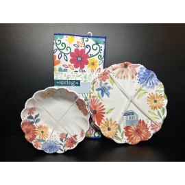 The Spring Shop Melamine SET of 9 Dinner Plate Salad Dessert Bowls Dinnerware Dry Mat Floral NWT