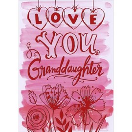 Designer Greetings Love You Granddaughter: Red Foil Lettering and Line Art Flowers on Pink Strokes Juvenile Valentine's Day Card