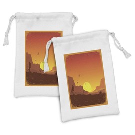 Lunarable American West Fabric Pouch Set of 2, Wild Western Desert in Old Grunge Style Deserted Setting Orange Skies, Small Drawstring Bag for Toiletries Masks and Favors, 9" x 6", Multicolor