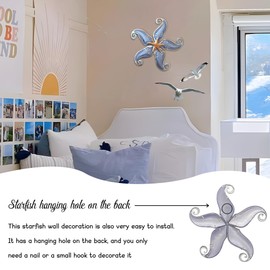 POXOHO Metal Starfish Wall Decor, Sea Life Coastal Decorations 12 inch Starfish Wall Art, Nautical Home Decoration Handing Ocean Beach Wall Art for Garden,Fence,Home,Patio,Kitchen,Bathroom,(Sliver)