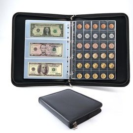 Coin Collection Book with 300 Pockets and 36 Sleeves Money Storage Case, Fireproof and Waterproof Coin Album with Safety Cover for Currency, Bill, Pennies, Quarters, and Stamp Storage, 15 * 12 Inches