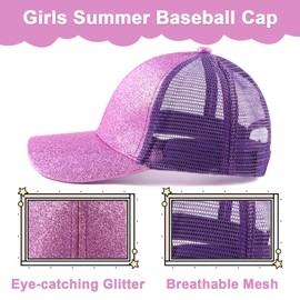 Zsedrut Tolddler Girls Baseball Cap Kids Glitter Trucker Hats Adjustable Summer Sun Hat Mesh Ponytail Caps(Purple)