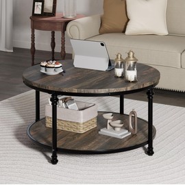 IDEALHOUSE Round Coffee Table for Living Room Rustic Center Table with Storage Shelf Wood Circle Coffee Table with Sturdy Metal Legs, Easy Assembly