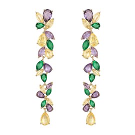 EVER FAITH Cubic Zirconia Crystal Mardi Gras Flower Leaf Marquise Teardrop Long Earrings for Carnival Holiday Party Jewelry for Women Purple Green Yellow Gold-Tone