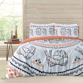 Sleepdown Tribal Elephant Mandala White Rust Orange Reversible Duvet Cover Quilt Pillow Case Bedding Set Soft Easy Care - Single (135cm x 200cm)