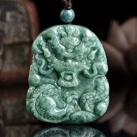 MPH-JEWELRY Natural Jade Dragon Pendant Necklace Grade A Burmese Jadeite Hand-carved Untreated Double-sided Delicate Carving Certified for Men and Women