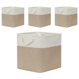 Temary Cube Storage Baskets 4 Pack 13x13 Fabric Cube Storage Bins for Clothes, Large Baskets Boxes with Handles, Canvas Basket for Organizing Towels, Collapsible Storage Baskets (White&&Khaki)