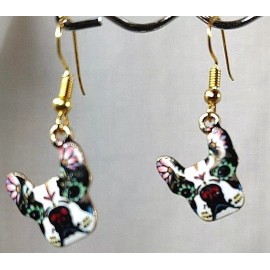 French Bulldog Boston Sugar Skull Multi Color Gold Hook Dangle Jewelry