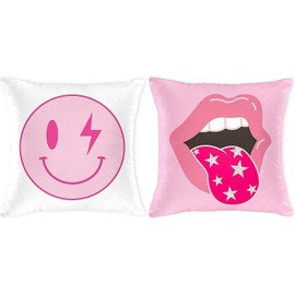 Haooryx Preppy Velvet Pillow Covers - 2Pcs Soft Hot Pink White Square Cushion Cover Smile Lip Pattern Pillow Cases Aesthetic Dormitory Office Sofa Car Room Decoration Birthday Party Supplie 18x18 Inch