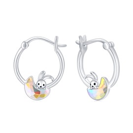 Rabbit Earrings 925 Sterling Silver Hypoallergenic Rabbit Moon Earrings Crystal Huggie Hoop Earrings Cute Rabbit Jewellery for Teenage Girls Women, Sterling Silver