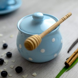 City to Cottage® Light Sky Blue and White Polka Dot Spotty Handmade Hand Painted Ceramic Sugar Bowl Pot with Lid | Jam Honey Jar