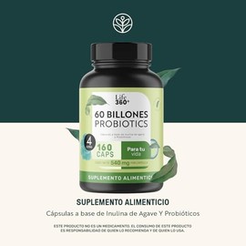 LIFE 360+ 60 Billones Probiotics | 160 Cápsulas | a Base de Inulina de Agave y Probióticos | Suplemento Alimenticio | 540 mg | 4 Cepas | Fórmula de Co