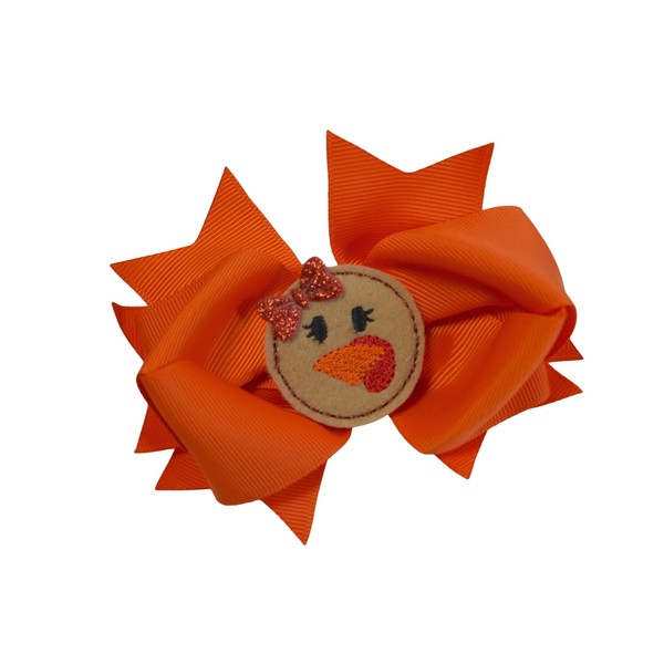 Girls Halloween and Thanksgiving 4.5 Inch Grosgrain Hair Bow (Orange with Turkey)